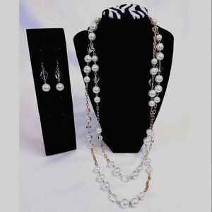 C' Est 1946 Layered White Faux Pearls Necklace and Drop Earrings Set